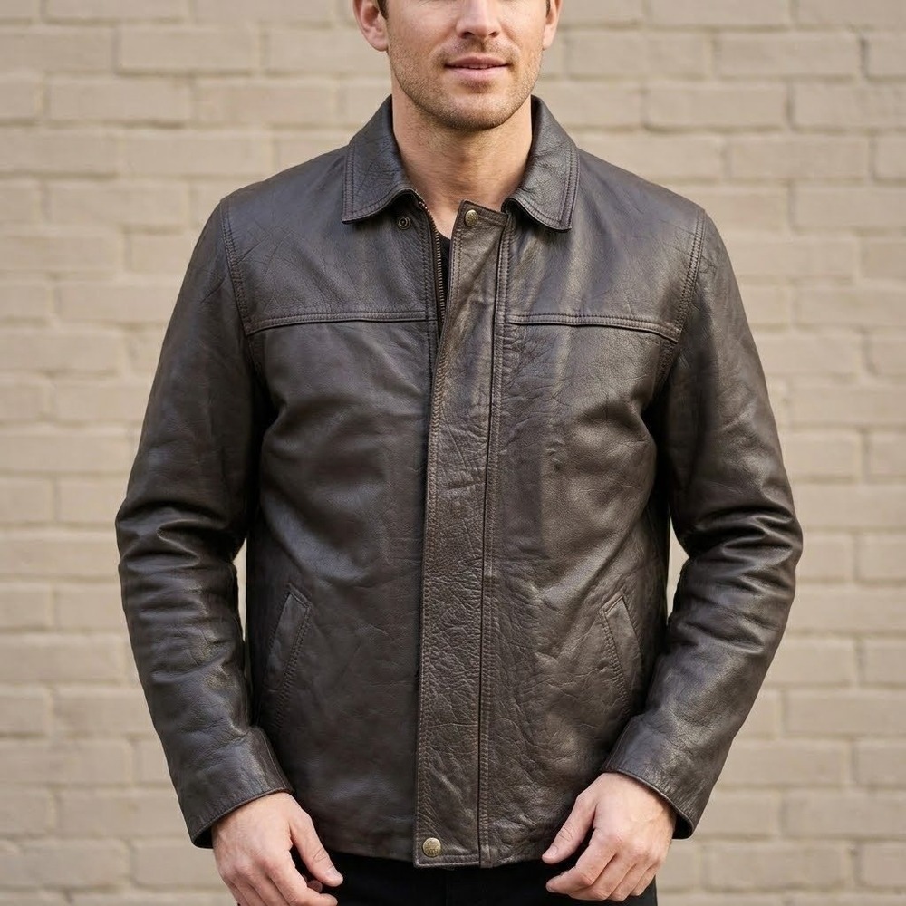 Leather Jacket Mens Medium/ Large Brown Full Zip Collared Classic Moto Hipster